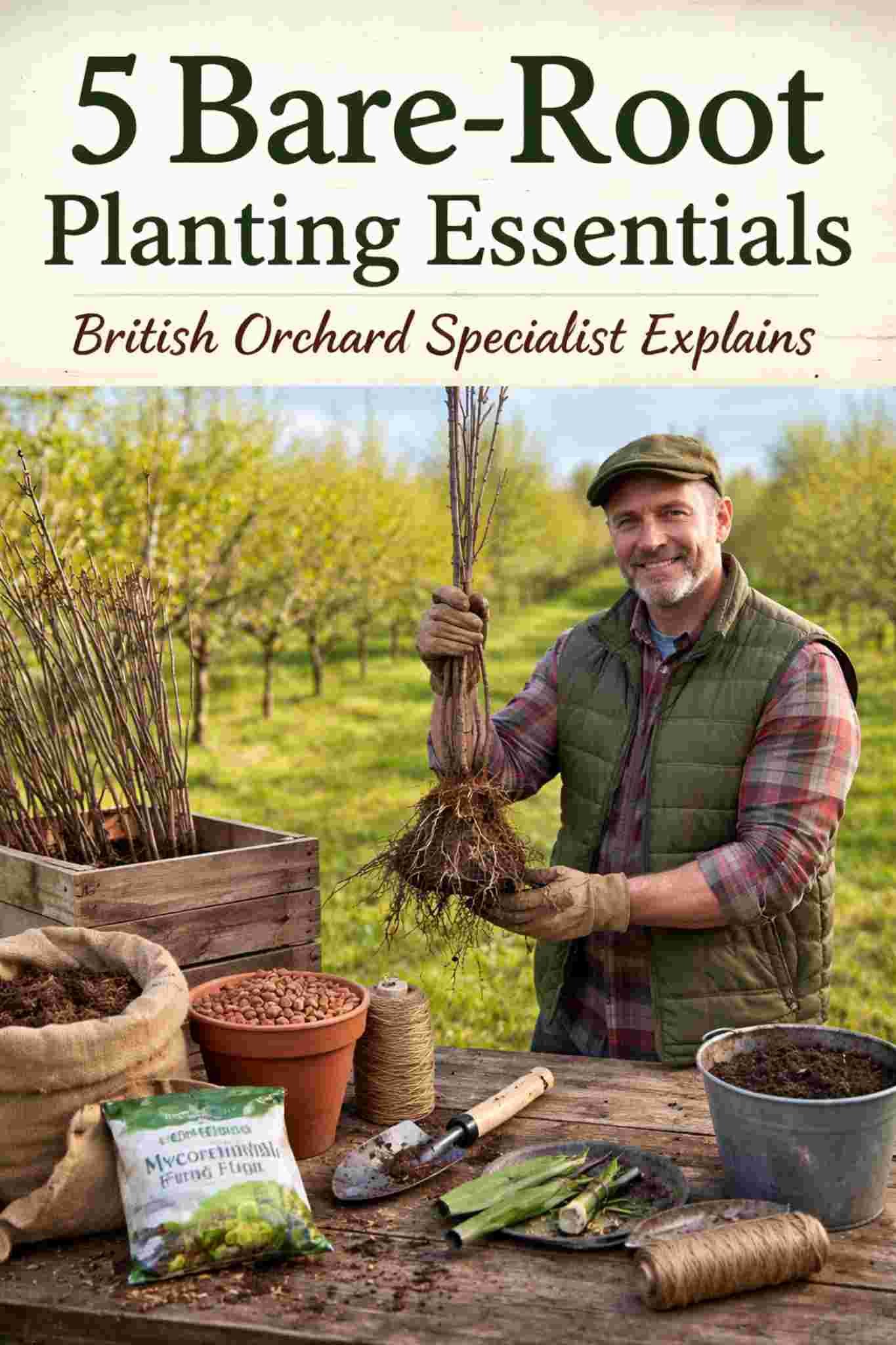British orchard specialist holding bare-root fruit tree in spring orchard, demonstrating planting essentials